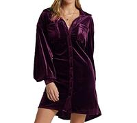 SEMATOMALA Women's Collared Button Down Velvet Shirt Dress Puff Long Sleeve Casual Loose Tunic Top Pleated Party Mini Dresses, Purple, M