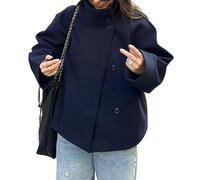 SEMATOMALA Women's Cropped Pea Coats Oversized Wool Blend Short Jackets Stand Collar Fall Winter Outerwear, Navy Blue, Small