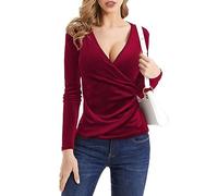 SEMATOMALA Women's Cross Wrap V Neck Long Sleeve Slim Fitted Velvet Shirt Ruched Deep V Neck Elegant Velvet Blouse Top, Wine Red, M