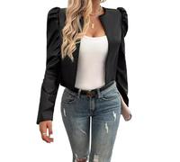 SEMATOMALA Women's Puff Sleeve Cropped Jacket Faux Leather Bolero Blazer Long Sleeve Open Front PU Cardigan, Black, Large