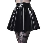 SEMATOMALA Women's PVC PU Leather Short Skater Skirt Black Latex Wet Look Shiny Pleated Flared A Line Mini Skirt Clubwear, Black, S