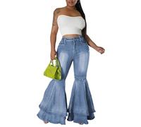 SEMATOMALA Women's Ruffle Bell Bottom Jeans Flared Leg Denim Pants High Waisted 70s Classic Retro Outfits, Light Blue, S