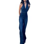 SEMATOMALA Women's Sleeveless Y2K Jean Jumpsuit Flared Leg Pants Romper Halter Tank Top Denim Catsuit Maxi Overall, Blue-collared V Neck, Large