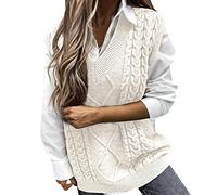 semen Womens Casual Oversized V-Neck Sweater Vests Vintage Sleeveless Jumper Tops Cable Knitted Knitwear Waistcoat Beige