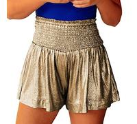 semen Womens Elastic High Waisted Metallic Shorts Stretchy Wide Leg Culottes Pleated A-line Mini Shorts Pants Gold