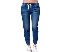 semen Womens Mid Rise Drawstring Elastic Waist Denim Pants Solid Color Casual Jeans Joggers with Pockets