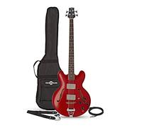 Semi Acoustic Bass Guitar San Francisco by Gear4music Red Wine | Vintage 60s/70s-Inspired Design, Double Cutaway Body in Wine Red, Two Single-Coil P90 Pickups, Gig Bag and Cable Included