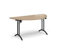 Semi circular folding leg table with black legs and curved foot rails 1600mm x 800mm - Kendal Oak