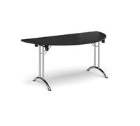 Semi circular folding leg table with chrome legs and curved foot rails 1600mm x 800mm - Black