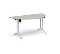 Semi circular folding leg table with white legs and curved foot rails 1600mm x 800mm - Light Grey