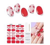 Semi Cured Gel Nail Strips, 28 pcs Gel Nail Strips Work with Any UV Lamp, Long Lasting Gel Nail Stickers Full Nail Wraps, Salon Quality, Easy to Apply（Flower Red）