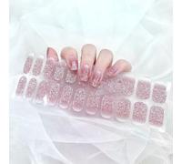 Semi Cured Gel Strips, 22PCS Pink Glitter Full Wraps Soft Self-Adhesive Polish Stickers - Salon-Quality Long Lasting Art Decals, Includes Prep Pads, File & Wood Stick
