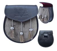 Semi-Dress Kilt Sporran - Premium Black Leather Sporran with Chain Belt & Tassels - Handcrafted Traditional Scottish Highland Daywear Accessory for Men (Thistle Engraved - Brown Fur)