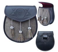 Semi-Dress Kilt Sporran - Premium Black Leather Sporran with Chain Belt & Tassels - Handcrafted Traditional Scottish Highland Daywear Accessory for Men (Highland Cow - Brown Fur)