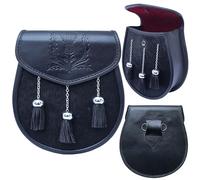 Semi-Dress Kilt Sporran - Premium Black Leather Sporrans with Chain Belt & Tassels - Handcrafted Traditional Scottish Highland Daywear Accessory for Men (Thistle Engraved - Black Fur)