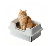 Semi-Enclosed Cat Box with Scoop, Stainless Steel Litter Tray, Enclosed Cat Litter Box, Extra Large Litter Box with Detachable Lid for Big Cats/Multiple Cats, with Litter Scoop White L