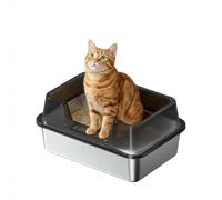 Semi-Enclosed Cat Box with Scoop, Stainless Steel Litter Tray, Enclosed Cat Litter Box, Extra Large Litter Box with Detachable Lid for Big Cats/Multiple Cats, with Litter Scoop Black L