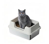 Semi-Enclosed Cat Box with Scoop, Stainless Steel Litter Tray, Enclosed Cat Litter Box, Extra Large Litter Box with Detachable Lid for Big Cats/Multiple Cats, with Litter Scoop Gray L
