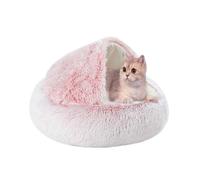 Semi-Enclosed Cat Cave Bed Igloo, Plush Kitten Sleeping Basket Pillow, Calming Anti Anxiety Puppy Nest Cushion, Round Donut Pet Hideaway, Non-Slip & Washable (60×60×20cm,Pink)