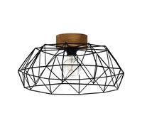 Semi Flush Ceiling Light Black Steel Cage Shade & Wood 1 x 60W E27 Bulb