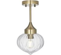 Semi Flush Ceiling Light Fitting - Antique Brass Plate & Ribbed Glass Shade | Steel & Glass Construction - Bulb Not Included - Requires 10W LED E27 - Dimmable Lighting