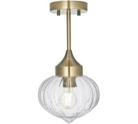 Semi Flush Ceiling Light Fitting - Antique Brass Plate & Ribbed Glass Shade