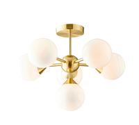 Semi Flush Ceiling Light Satin Brass Plate & Gloss White Glass 6 x 18W G9