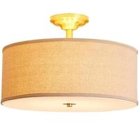 Semi-flush Mount Ceiling Light Fixture Cream White Fabric Drum Shade 15.7" Brass Nordic Close To Bedroom Chandeliers For Bathroom Kitchen Dining Room