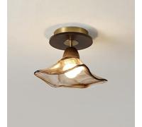 Semi Flush Mount Ceiling Light Fixture, Vintage Hallway Ceiling Lighting Fixtures, Amber Glass Close to Ceiling Lamp with Wood Base for Kitchen Entryway Bedroom Stairway Aisle Porch/a