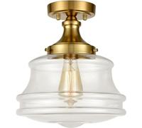 Semi Flush Mount Ceiling Light Gold y Light Fixture Ceiling Hung Opal Milk Glass Schoolhouse Light, 11" W x 12.4" H