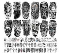 Semi Permanent Fake Tattoos, Halloween Fake Tattoo Sticker Adults, Forearm Black Realistic Scary Skull Tiger Lion Halloween Temporary Tattoos for Men Women Thigh Arm (B-144pcs)