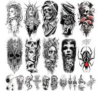 Semi Permanent Fake Tattoos, Halloween Fake Tattoo Sticker Adults, Forearm Black Realistic Scary Skull Tiger Lion Halloween Temporary Tattoos for Men Women Thigh Arm (D-40pcs)