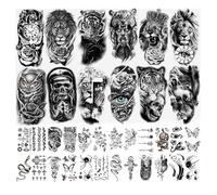Semi Permanent Fake Tattoos, Halloween Fake Tattoo Sticker Adults, Forearm Black Realistic Scary Skull Tiger Lion Halloween Temporary Tattoos for Men Women Thigh Arm (A-72pcs)