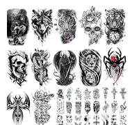 Semi Permanent Fake Tattoos, Halloween Fake Tattoo Sticker Adults, Forearm Black Realistic Scary Skull Tiger Lion Halloween Temporary Tattoos for Men Women Thigh Arm (C-72pcs)