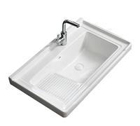 Semi-Recessed Rectangle Ceramic Laundry Sink with Washboard & Faucet for Bathroom Balcony