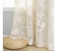 Semi-Sheer Beige Lace Curtains for Bedroom 90 inch Long Country Chic Rose Floral Embroidered Sheer Curtain Panels for Living-Room Leaf Window Drapes with Scalloped Edge 52"w 1 Pair Pencil Pleat