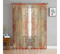 Semi Sheer Curtains 72 Inch Length 2 Panels Set, Geometric Boho Curtain Sheer Privacy Voile Window Curtains for Kitchen Living Room Bedroom Rod Pocket Drapes Rustic Bohemian Floral Tribal Orange