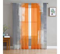 Semi Sheer Curtains 84 inches Long for Living Room,Rod Pocket Voile Drapes Bedroom Decor, Orange and Grey Abstract Art Texute Window Curtains 2 Panels for Sliding Glass Door,Patio