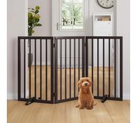 Semiocthome Bamboo Freestanding Dog Gates for Doorways,Extra Wide 3-Panel Pet Barrier with 2 Metal Stands,82cm(H) Foldable Indoor Wooden Dog Gate for Doorways and Stairs,Expands Up to 140cm(W)-Brown
