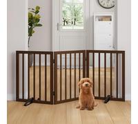 Semiocthome Bamboo Freestanding Pet Gate for Doorways, Extra Wide 3-Panel with 2 Metal Stands, 60cm Height Foldable Indoor Wooden Pet Gate for Doorways and Stairs, 140cm Width - Dark Walnut