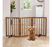 Semiocthome Bamboo Wood Dog Gates and Barriers Indoor, 3-Panel Freestanding Puppy Gates for The House with 2 Metal Stands, 60cm(H) Folding Pet Gate for Stairs, Doorway Expands Up to 140cm Walnut
