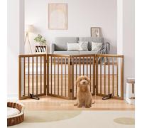 Semiocthome Freestanding Dog Gates and Barriers Indoor Pet Gates for Doorways and Stairs 60cm (H) - 4 Panels Puppy Gate with 2 Metals Stands Adjustable Safety Fence Fit Up to 188cm - Walnut