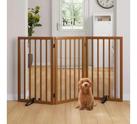 Semiocthome Wood Dog Gates and Barriers Indoor 3-Panel Freestanding Dog Gates for The House with 2 Metal Stands 82cm(H) Folding Pet Gate for Stair Doorway Expands Up to 140cm(W) Fully Assembled-Walnut