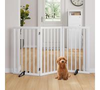 Semiocthome Wood Dog Gates and Barriers Indoor 3-Panel Freestanding Dog Gates for The House with 2 Metal Stands 82cm(H) Folding Pet Gate for Stair, Doorway Expands Up to 140cm(W) Fully Assembled-White
