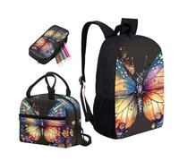 Semiouray Colorful Geometry Butterfly 3-Pcs Casual Daypack Set Retro Butterflies Floral Durable Knapsack with Lunch Bag Pencil Bag Fits 12 inch Macbook/Laptop Bag Gifts for Men & Women