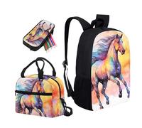 Semiouray Rainbow Horse Pattern 3 Pcs Shoulder Lunch Bag and Pen Case Bag Set Cartoon Colorful Horses Oil Painting Travel Backpack 17 Inch Student Backpack Bookbags Set