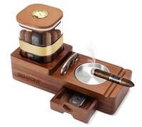 SEMKONT Cigar Humidor and Cigar Ashtray Set,Wooden Ashtray with Cigar Jar Tray, Cigar Cutter Holder,Drawer,Cigar Slot and Cigar Cutter,Home Cigar Accessories Gift Sets for Men (Brown-Square)
