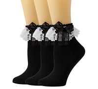 SEMOHOLLI Women Ankle Socks, Cotton Lace Ruffle Princess Style Dress Socks, Women Lace Socks with a Bow on Top - black - Medium