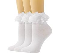 SEMOHOLLI Women Ankle Socks, Lace Ruffle Frilly Comfortable Princess Socks, 3 Pairs-white, 5-8