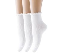 SEMOHOLLI Women Socks, Women Ankle Socks, Lovely double needle solid color Lace edge relent lady socks (Style1-3 Pairs-white)